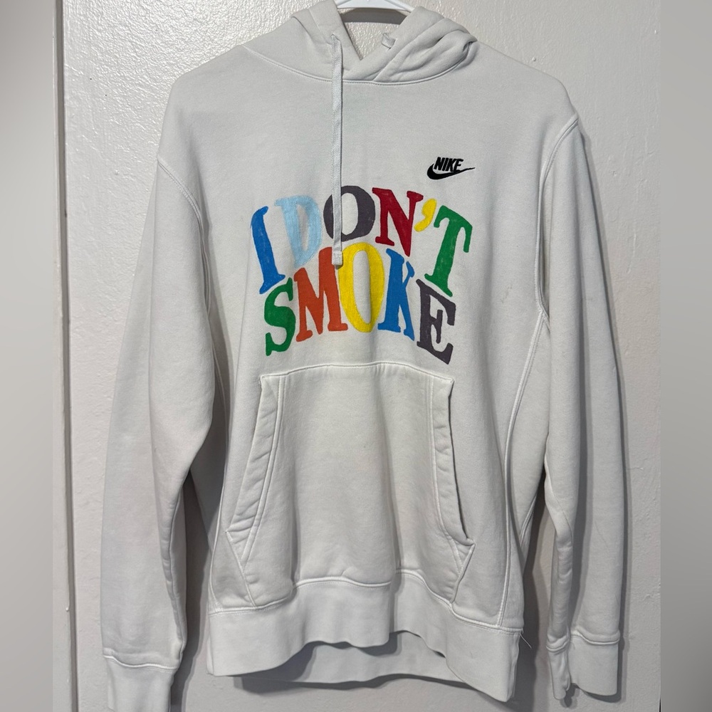 Nike White Pullover Hoodie with Multicolor 'I DON'T SMOKE' Graphic